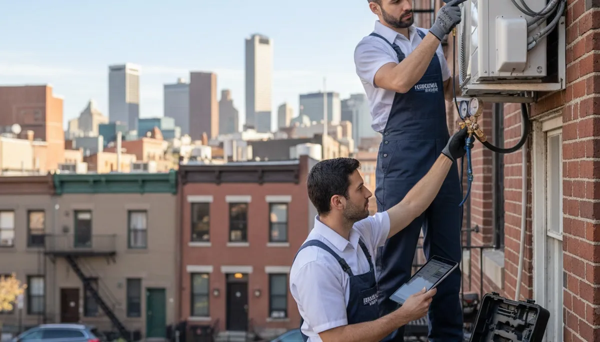 Professional AC repair technician servicing air conditioner unit in New York NY home