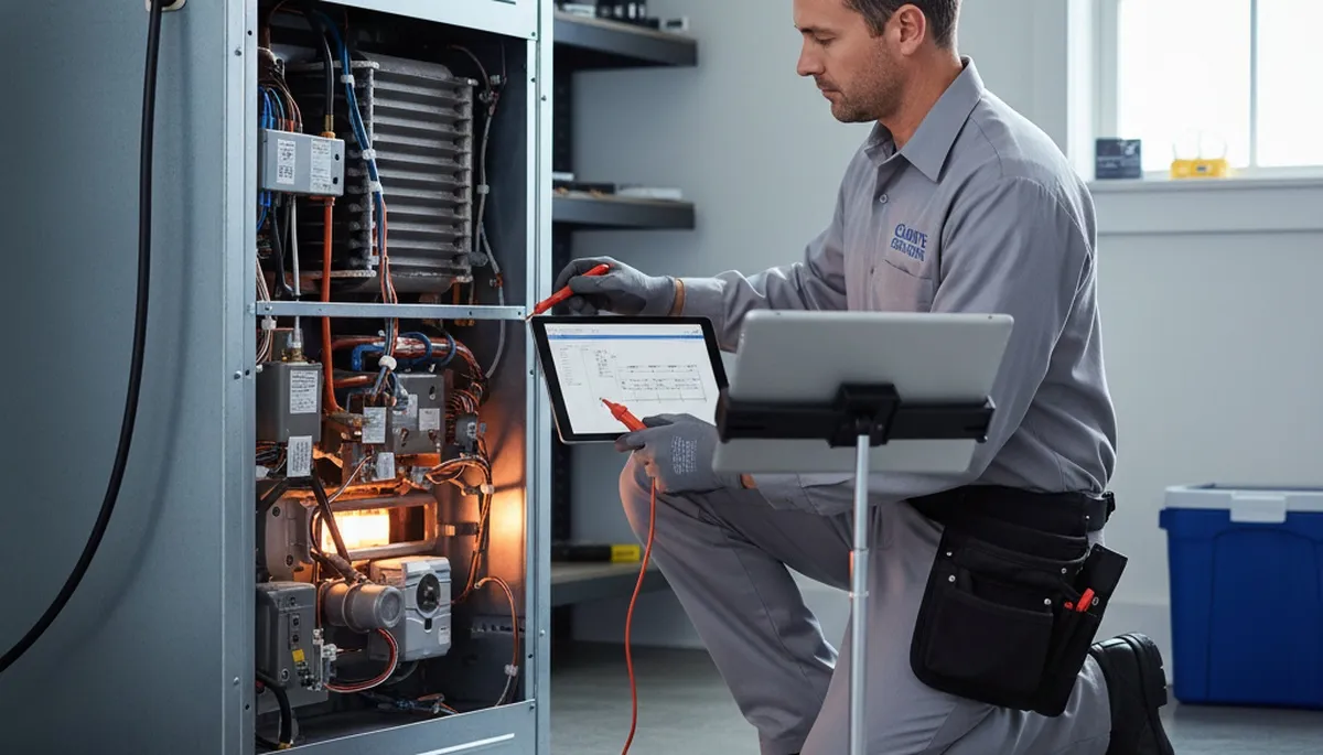 Technician performing heating repair service in New York, NY apartment for Five Star Cooling