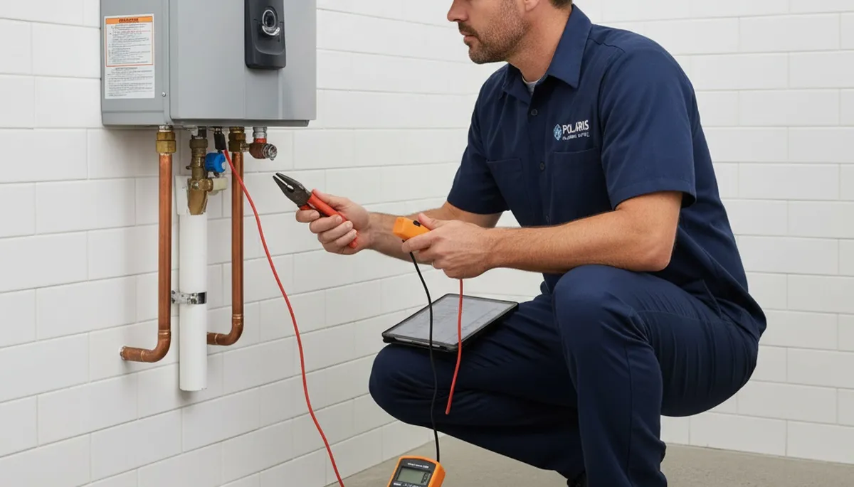 Technician performing water heater repair service in New York, NY home for Five Star Cooling
